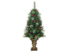 Costway 4 ft Snowy Christmas Entrance Tree w/ Pine Cones Red Berries & Glitter Branches - Green