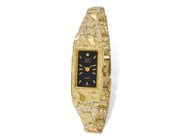 10k Yellow Gold Ladies Black Dial Rectangular Face Nugget Watch ...