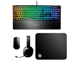 SteelSeries Ultimate Gaming Bundle Arctis 1 Wireless headset, Apex 3 keyboard, Rival 3 Wireless mouse, and QcK mousepad - Black - Certified Refurbished Brown Box