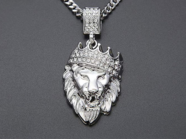14K White Gold Plated Iced Out Lion Pendant Necklace