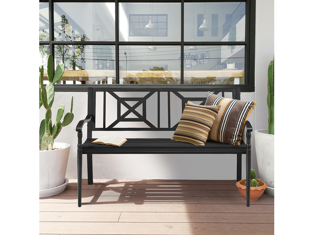 Costway Patio Garden Bench Steel Frame Park Yard Outdoor Furniture Porch Chair Black