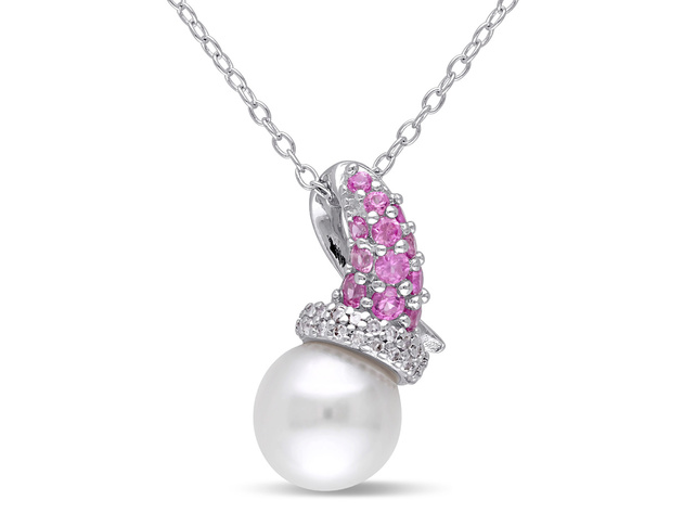 White Freshwater Cultured Pearl 8-8.5mm with Diamond, Created Pink Sapphire Pendant Necklace Sterling Silver