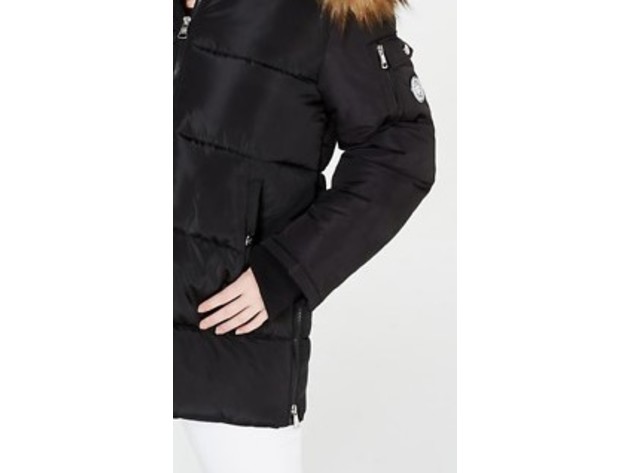 Madden Girl Juniors' Hooded Faux-Fur-Trim Puffer Coat Black Size Large