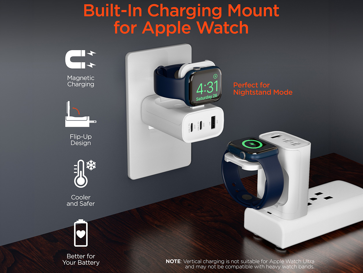 HyperGear SpeedBoost 43W 3-Port USB-C Wall Charger with Built-In Apple Watch Charger