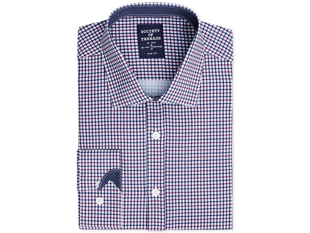 Society of Threads Men's Slim-Fit Performance Stretch Small Check Dress Shirt Red Size Large