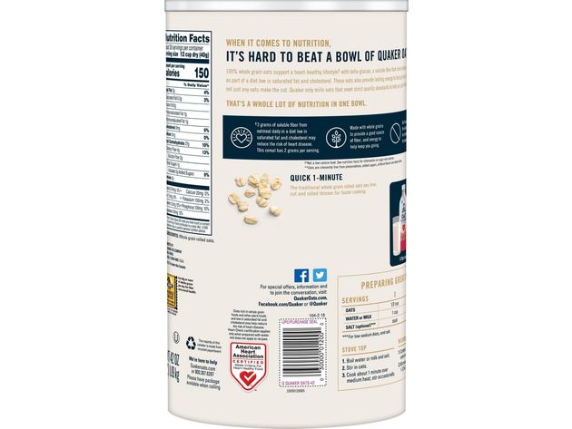 Quaker 100 Percent Whole Healthy and Tasty Ingredient Naturally Sodium Free Grain Oats, 42 Ounce