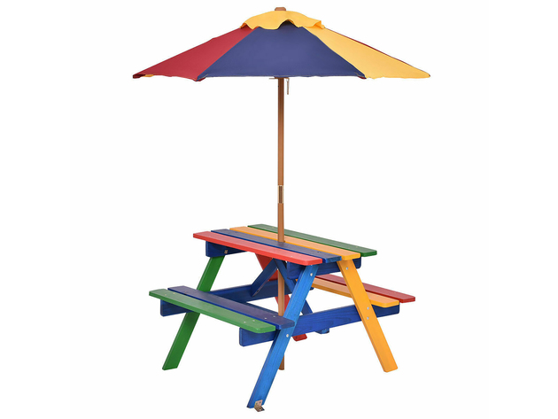 Costway 4 Seat Kids Picnic Table w/Umbrella Garden Yard Folding Children Bench Outdoor - Multicolor