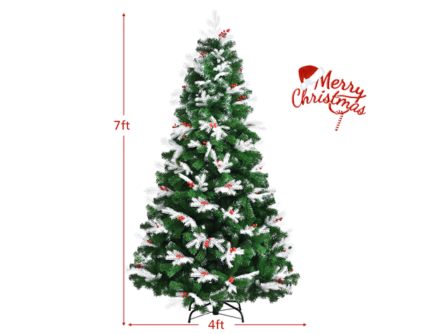 7 Foot Unlit Snowy Hinged Christmas Tree w/ 1180 Mixed Tips & Red Berries