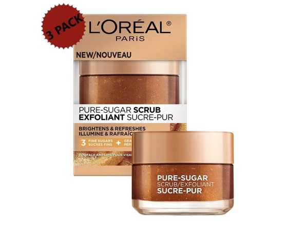 3-PACK L'Oreal Paris Pure-Sugar Scrub With Three Fine Sugars and Grapeseed, For Dull Skin, Face and Lips, 1.7 oz. each (5.1 oz.)